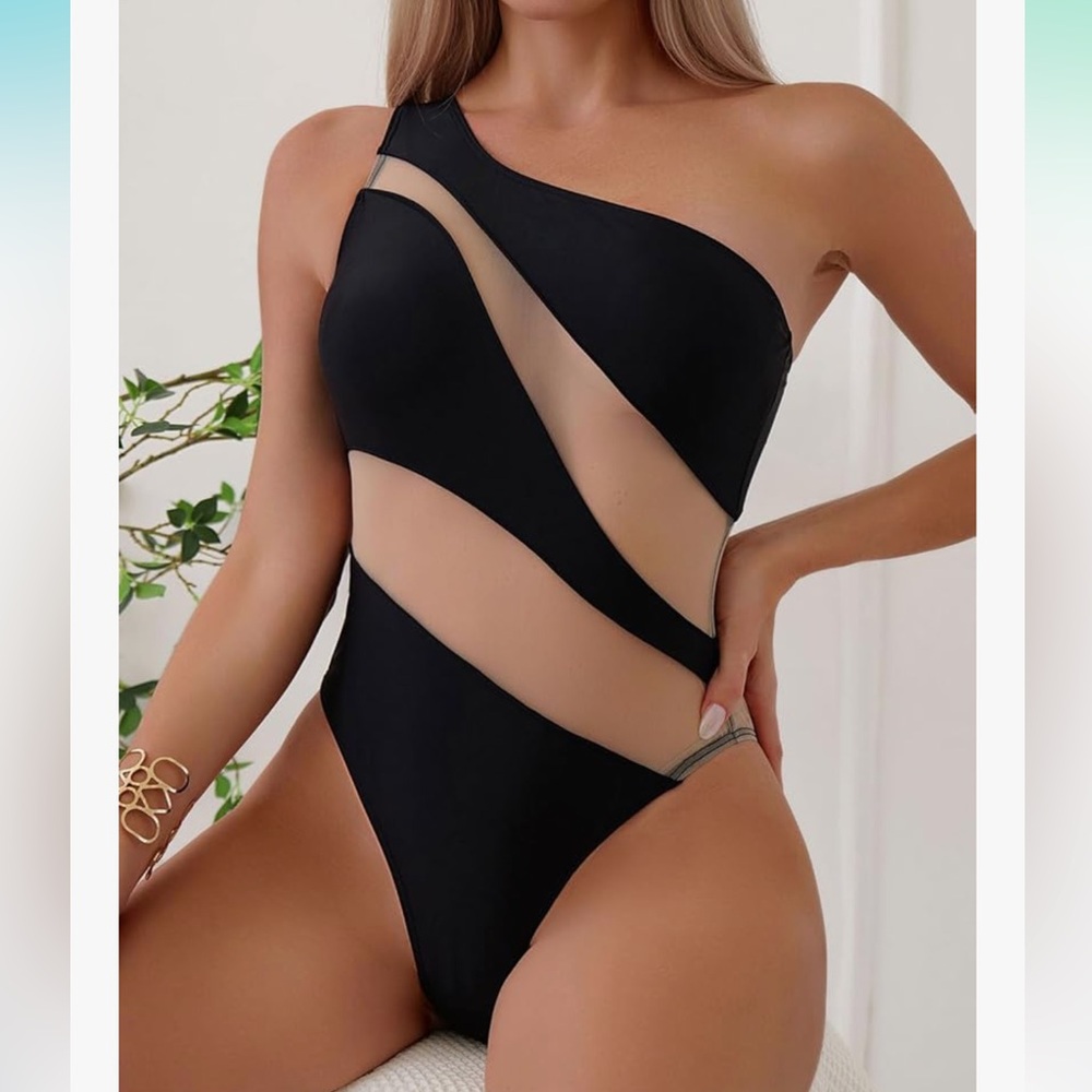 One-Shoulder Black Swimsuit w nude mesh inserts . New no tags